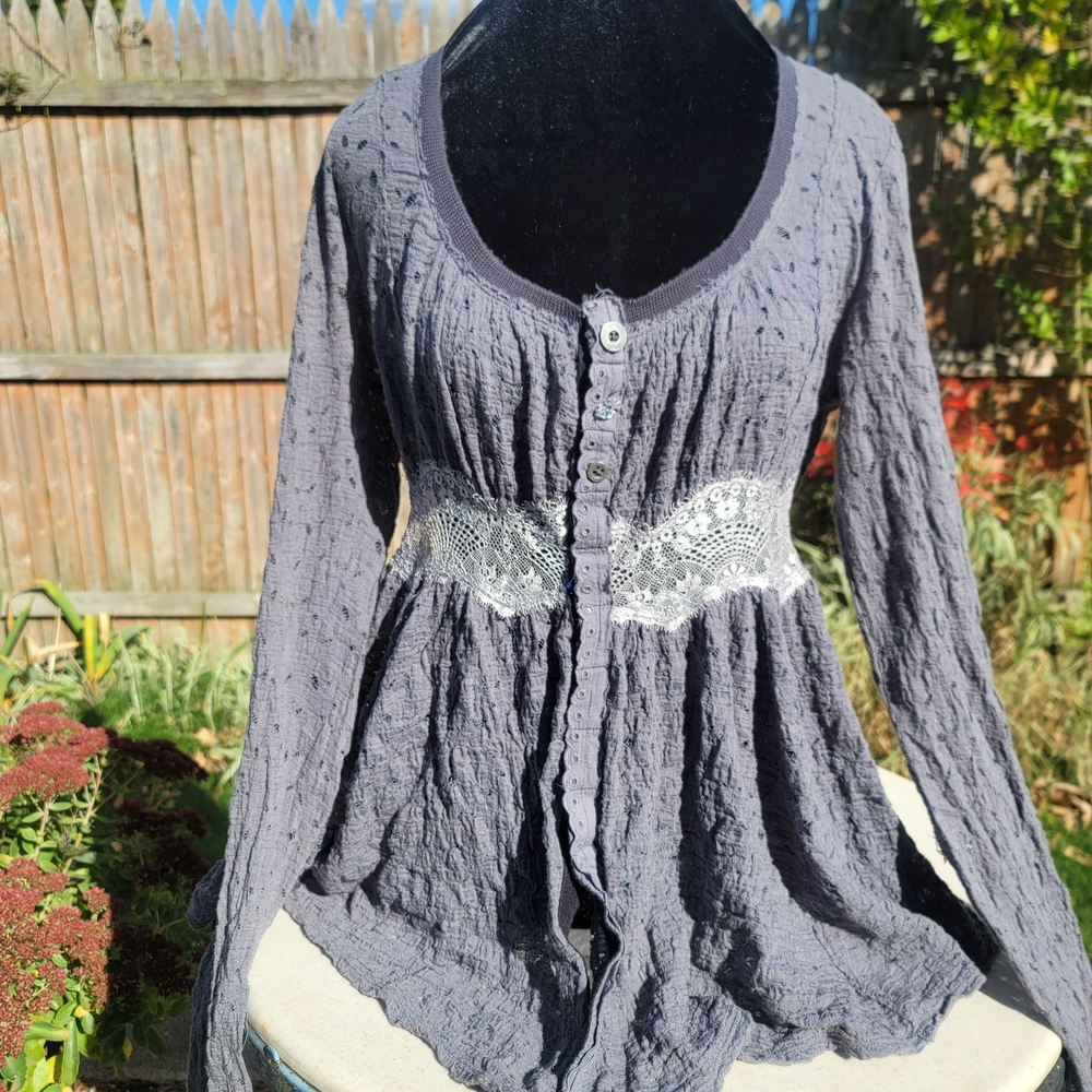 Free People Gray Lace-Accent Button Front Top
